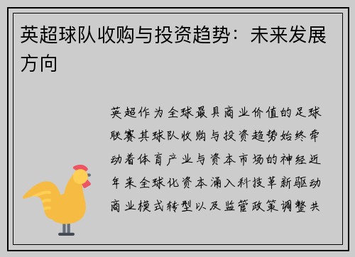 英超球队收购与投资趋势：未来发展方向