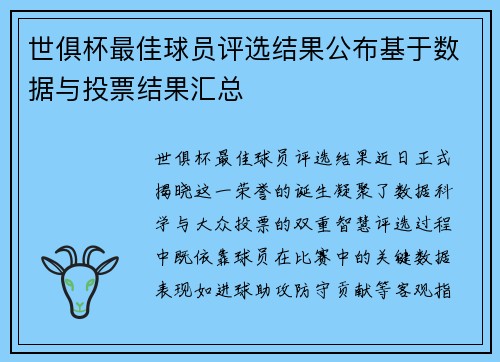 世俱杯最佳球员评选结果公布基于数据与投票结果汇总